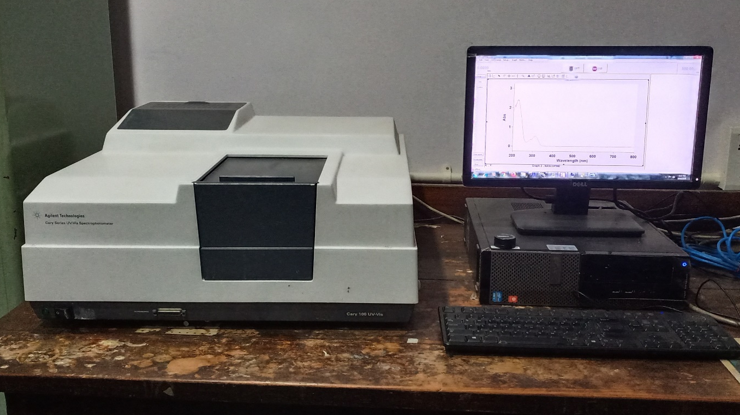 UV-Visible spectrophotometer connected to a computer displaying an absorbance spectrum